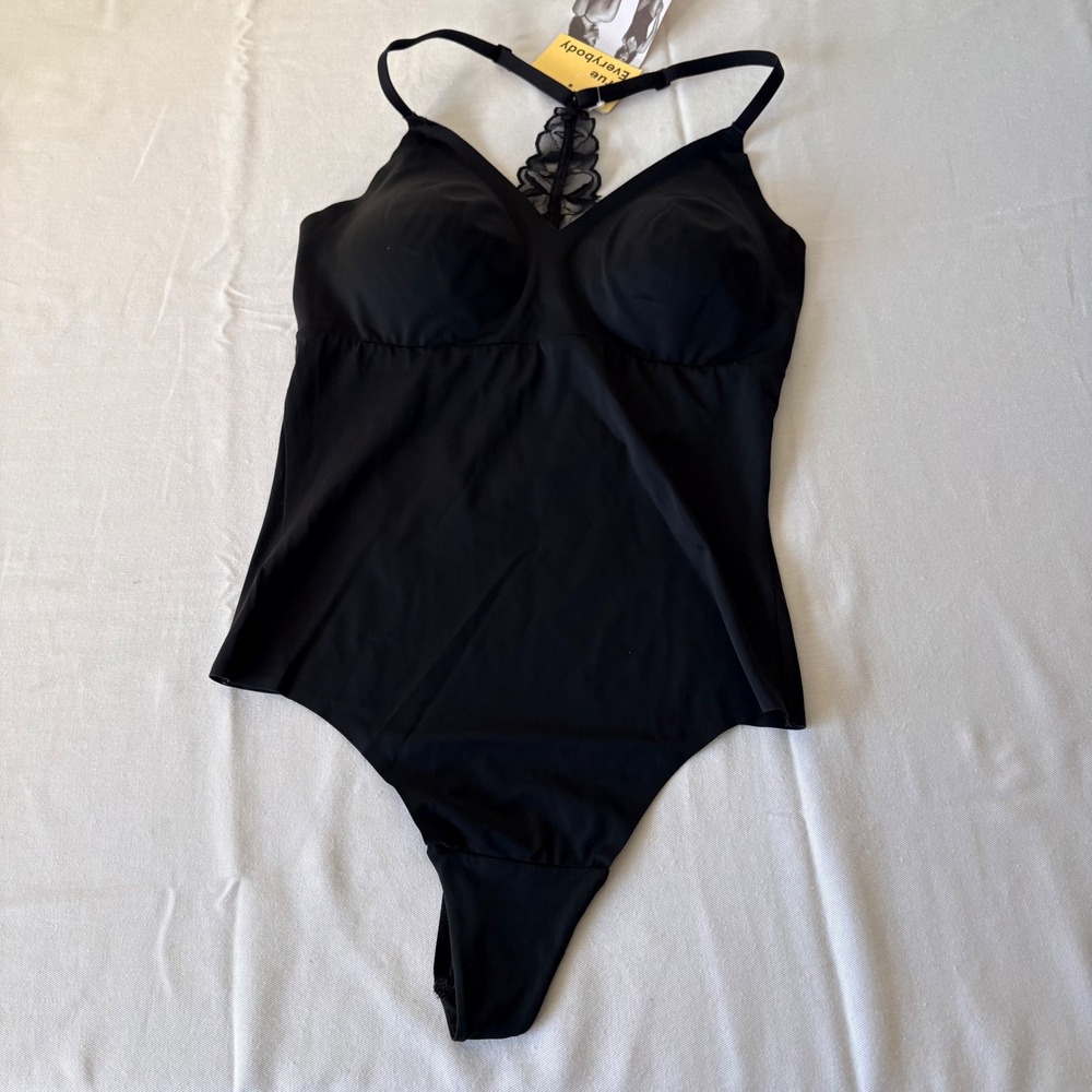 True and Co Everybody Black V Neck Racerback Bodysuit Thong Back Size L